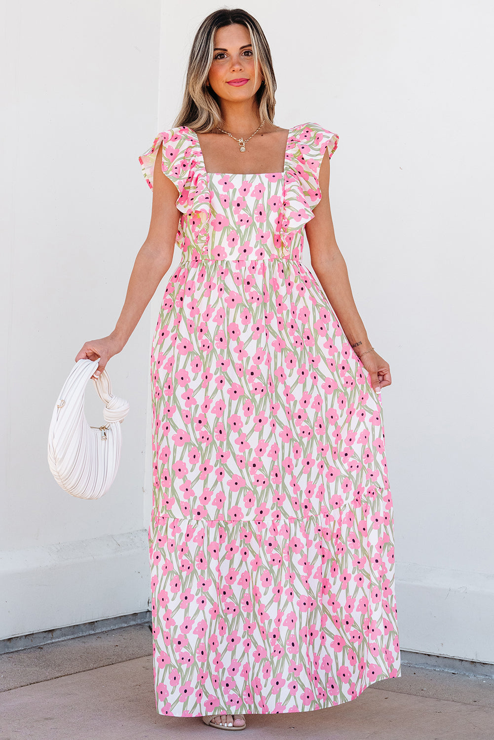 Angelica Floral Ruffled Strap Maxi Dress - Threaded Pear