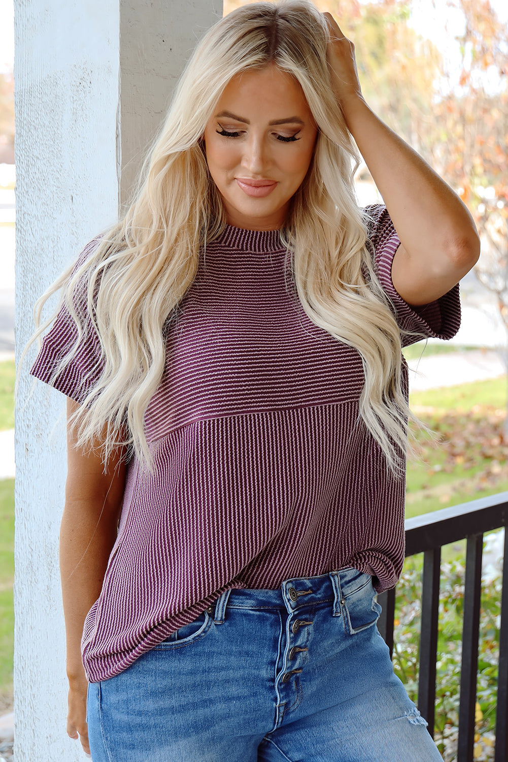 Alessandra Plain Corded Knit Mock Neck T Shirt - Threaded Pear