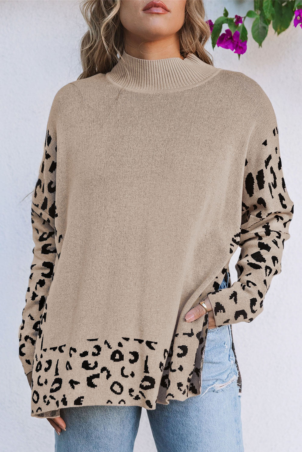 Sarai Leopard High Neck Side Slit Oversized Sweater - Threaded Pear