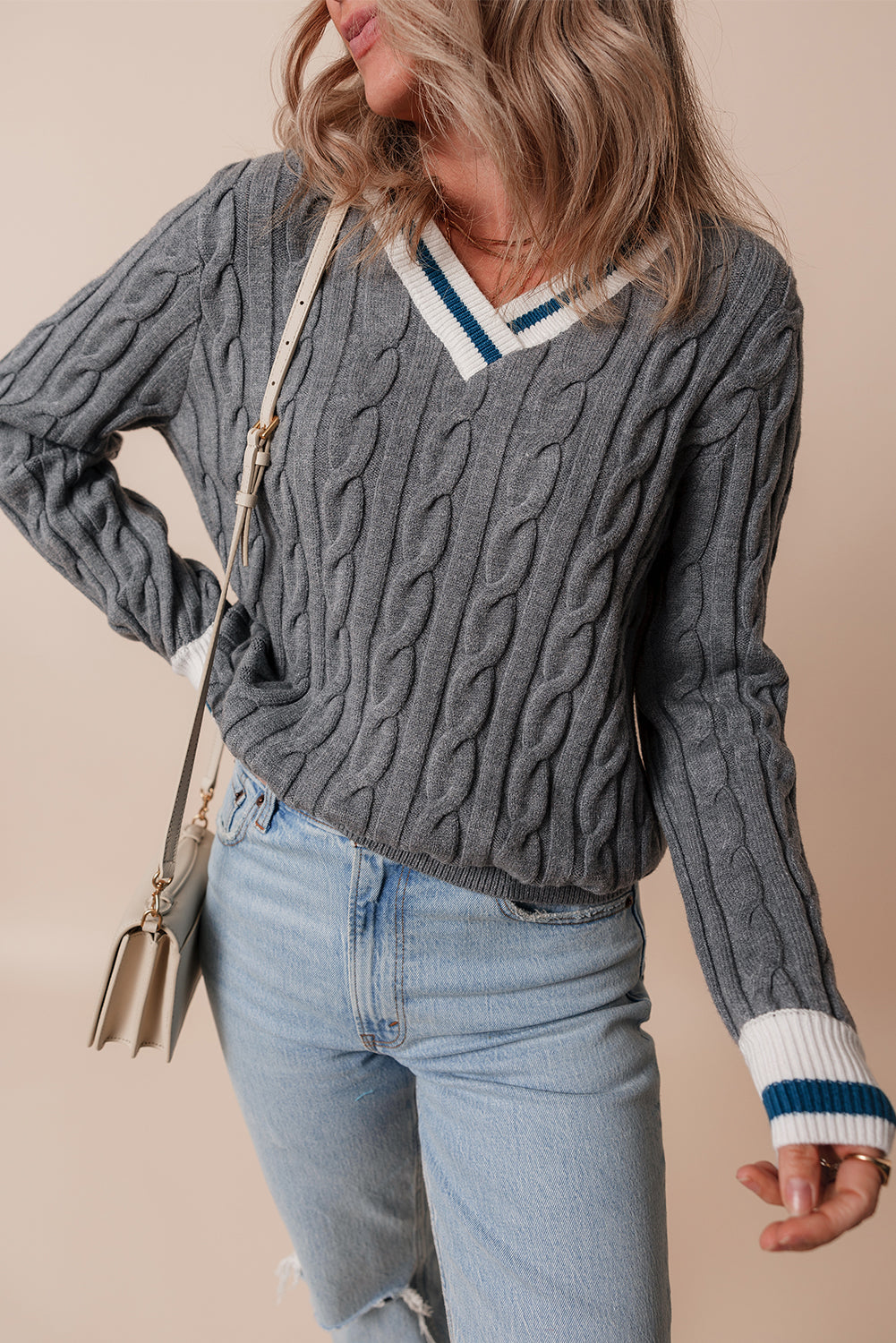 Kayle Ribbed Edge Cable Knit V Neck Sweater - Threaded Pear