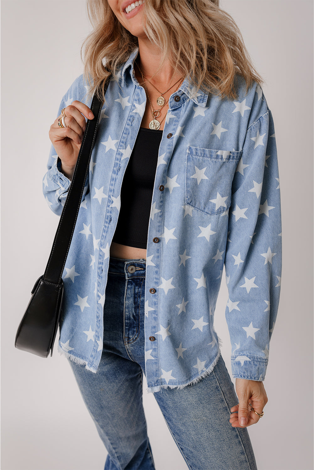Star Light Wash Raw Hem Denim Jacket - Threaded Pear