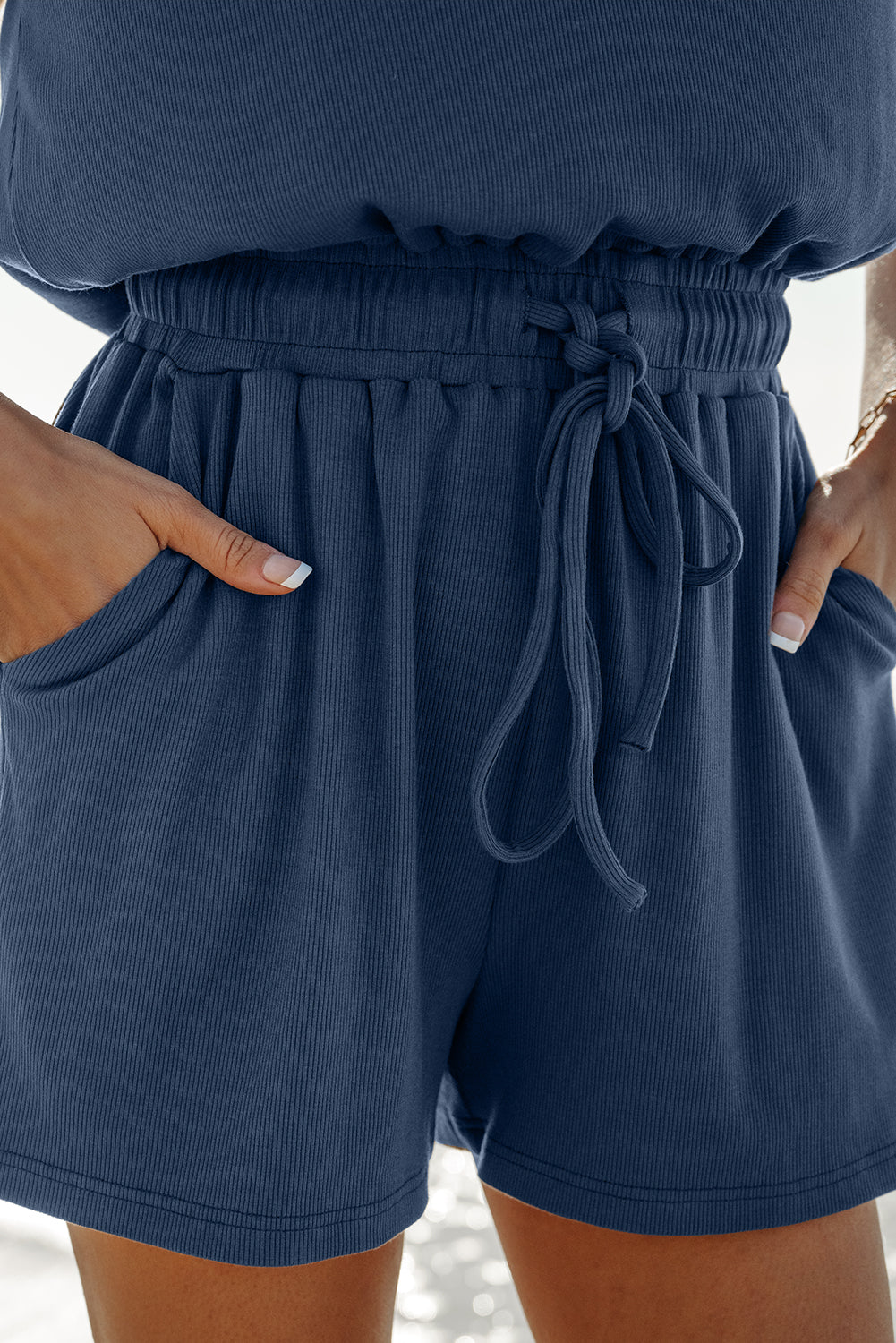 Kassidy Knit Open Back Cap Sleeve Drawstring Romper - Threaded Pear