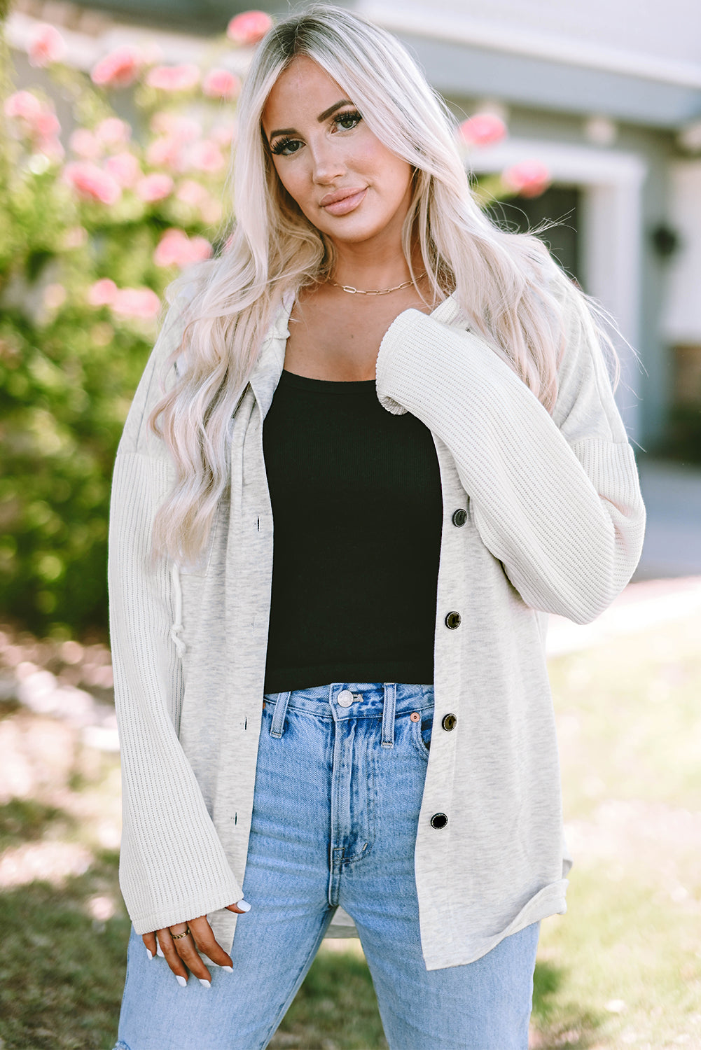 Berkley Button Up Knitted Sleeves Hooded Jacket - Threaded Pear