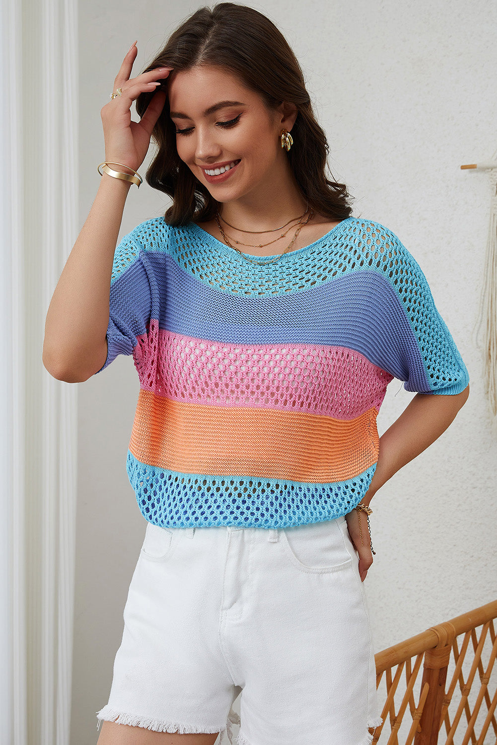April Knitted Eyelet Colorblock Striped Half Sleeves Top - Threaded Pear