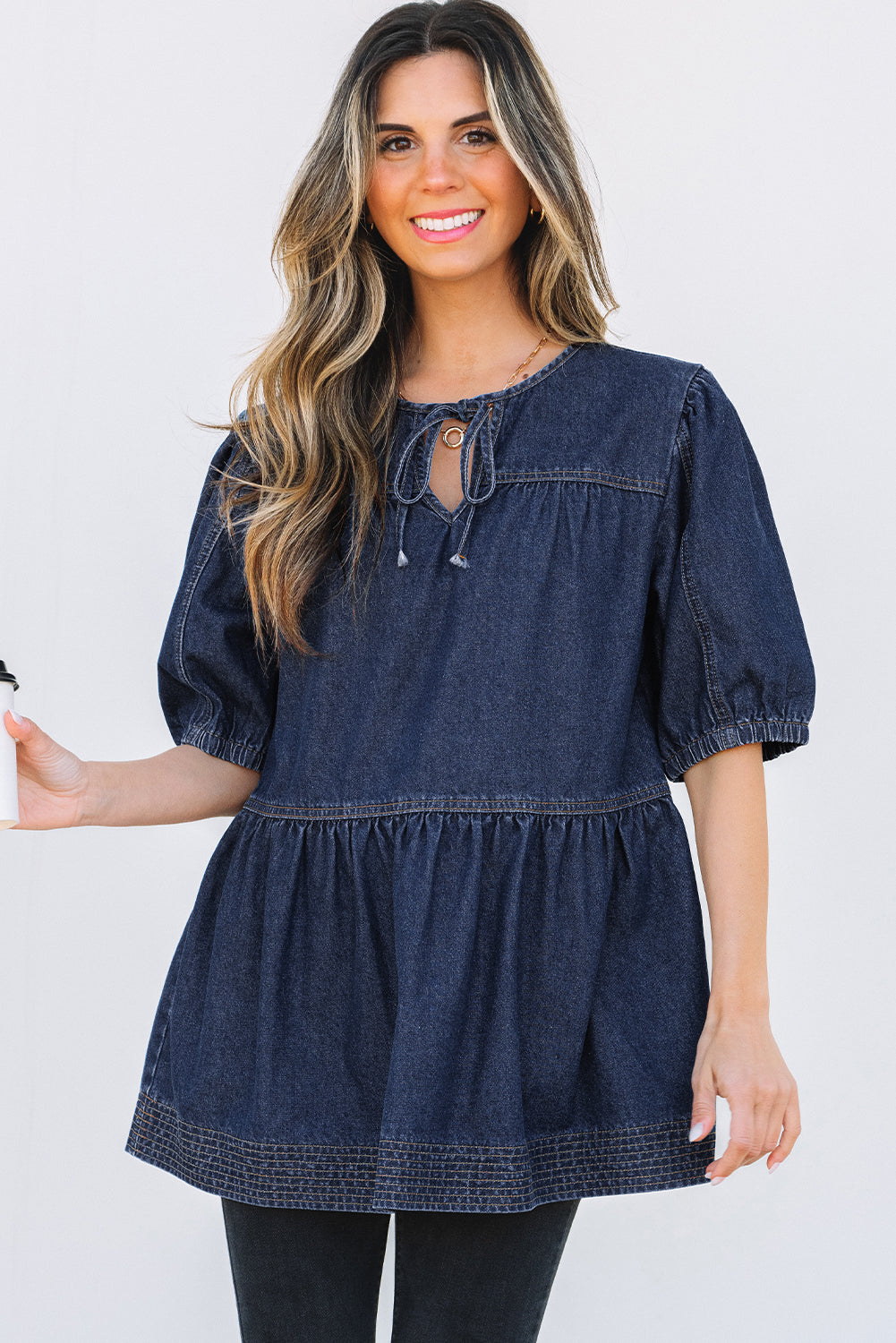 Gracelyn Puff Sleeve Lace-up Neckline Denim Blouse - Threaded Pear