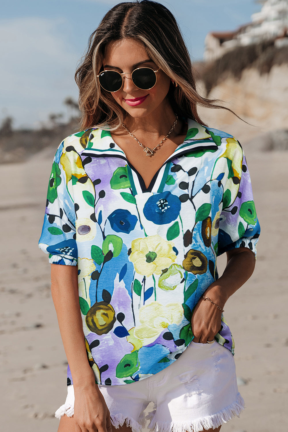 Adele Floral Slit V Neck Blouse - Threaded Pear