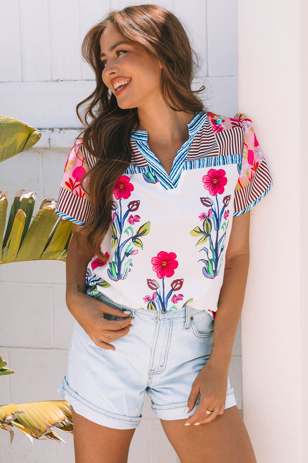 Maya Floral Striped Split Neck Blouse - Threaded Pear