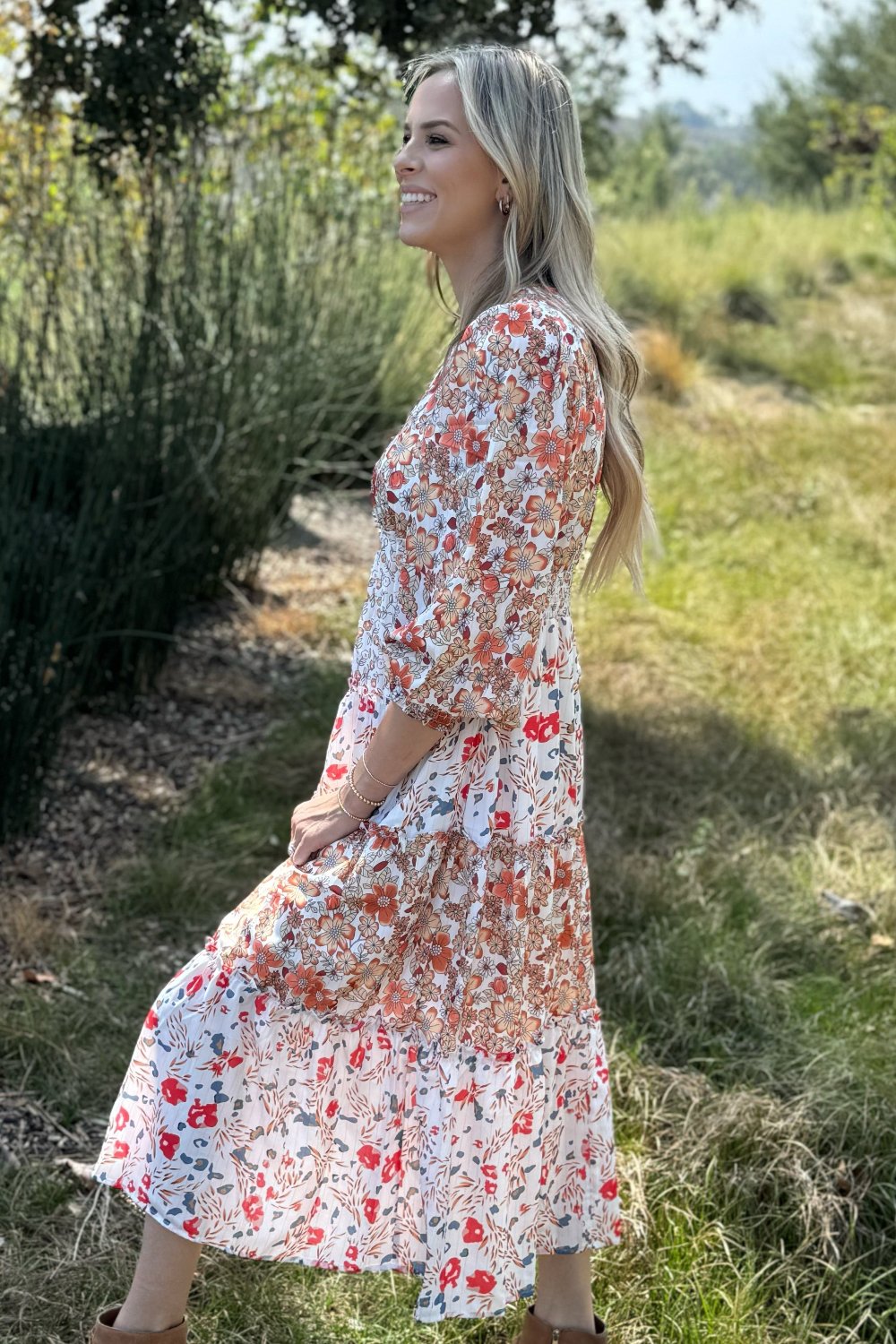 Lily Floral Ruffled Tiered Midi Dress - Threaded Pear