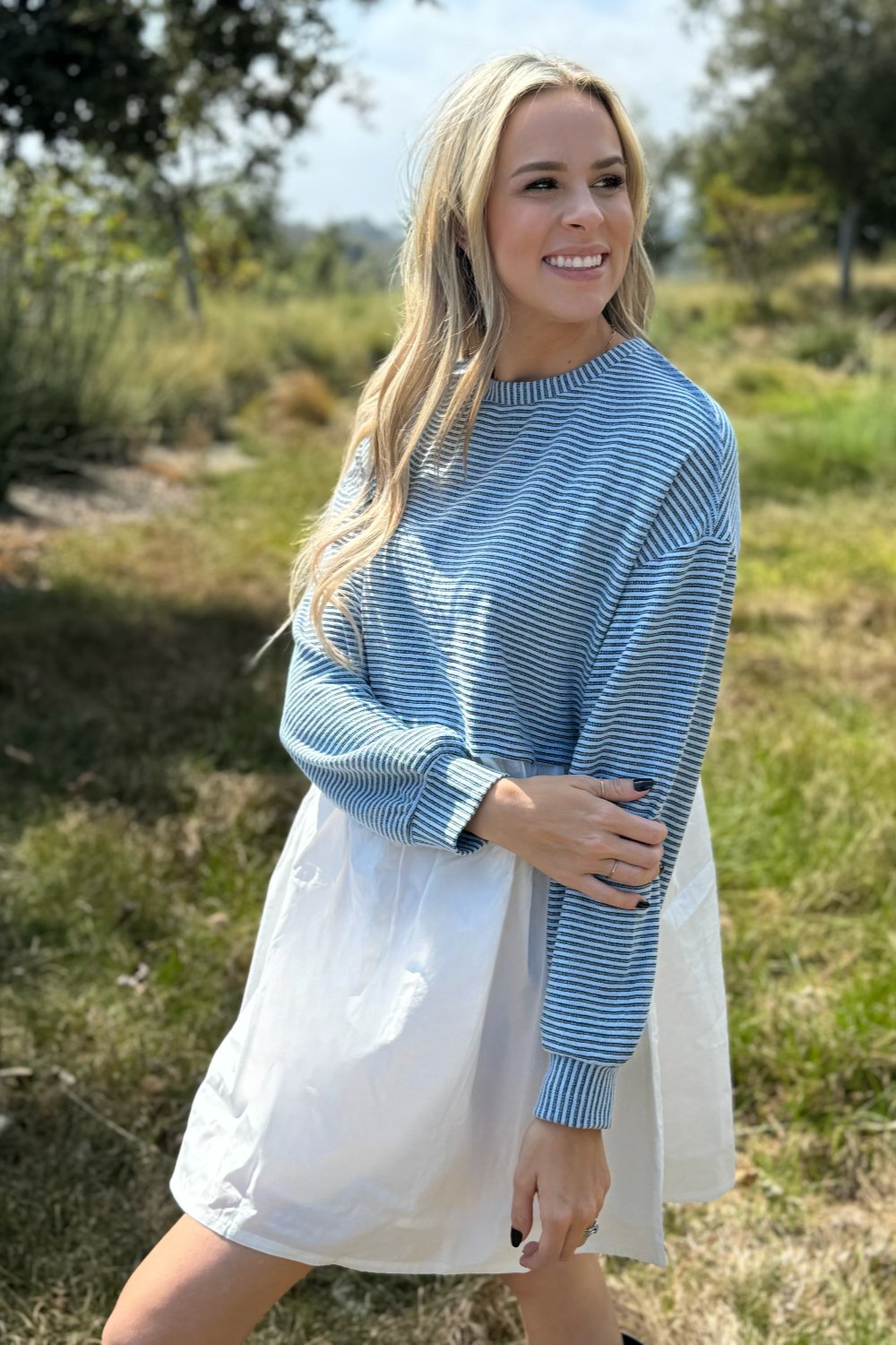 Chloe Stripe Pleated High Waist Dress - Threaded Pear