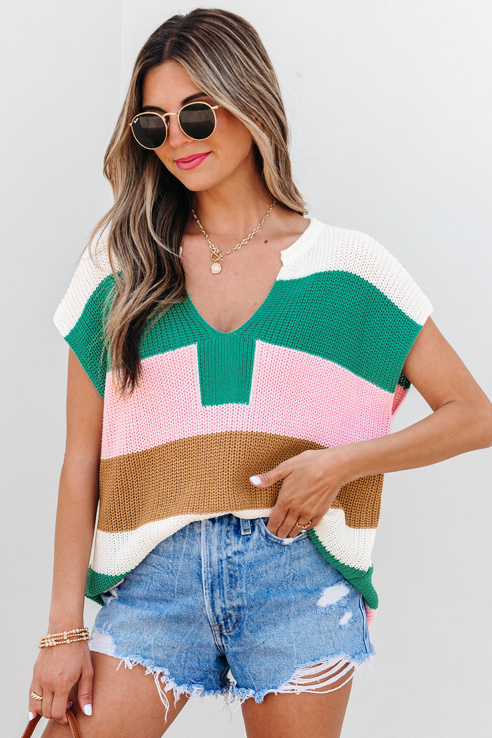 Elliot Color Block Notch V Neck Sweater Top - Threaded Pear