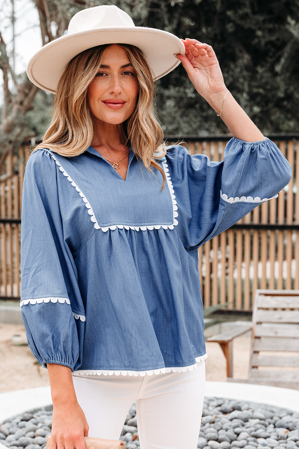 Nevaeh Lace Ric Rac 3/4 Puff Sleeve Collared Babydoll Blouse - Threaded Pear