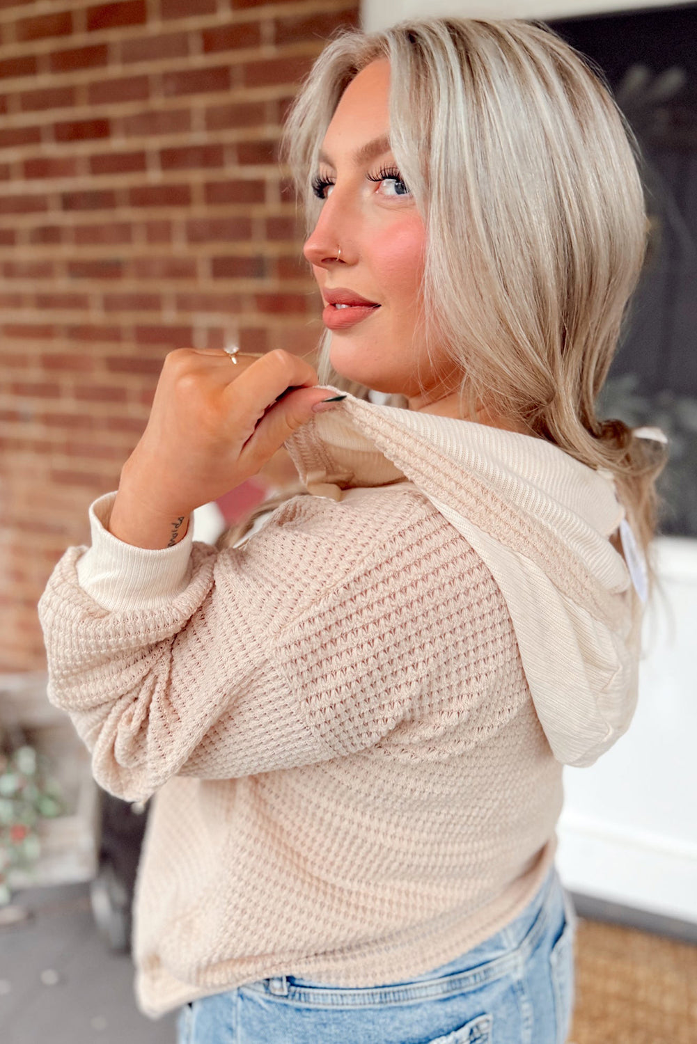 River Waffle Hooded Long Sleeve Top - Threaded Pear