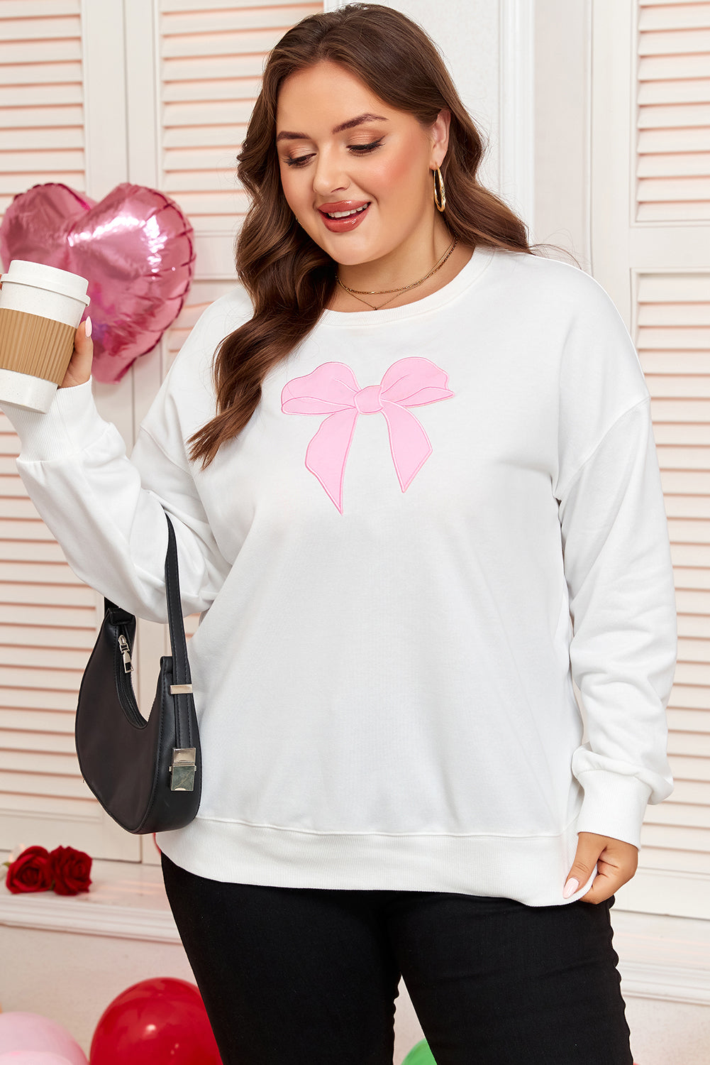 Beige Big Bow Accent Plus Size Drop Shoulder Sweatshirt - Threaded Pear