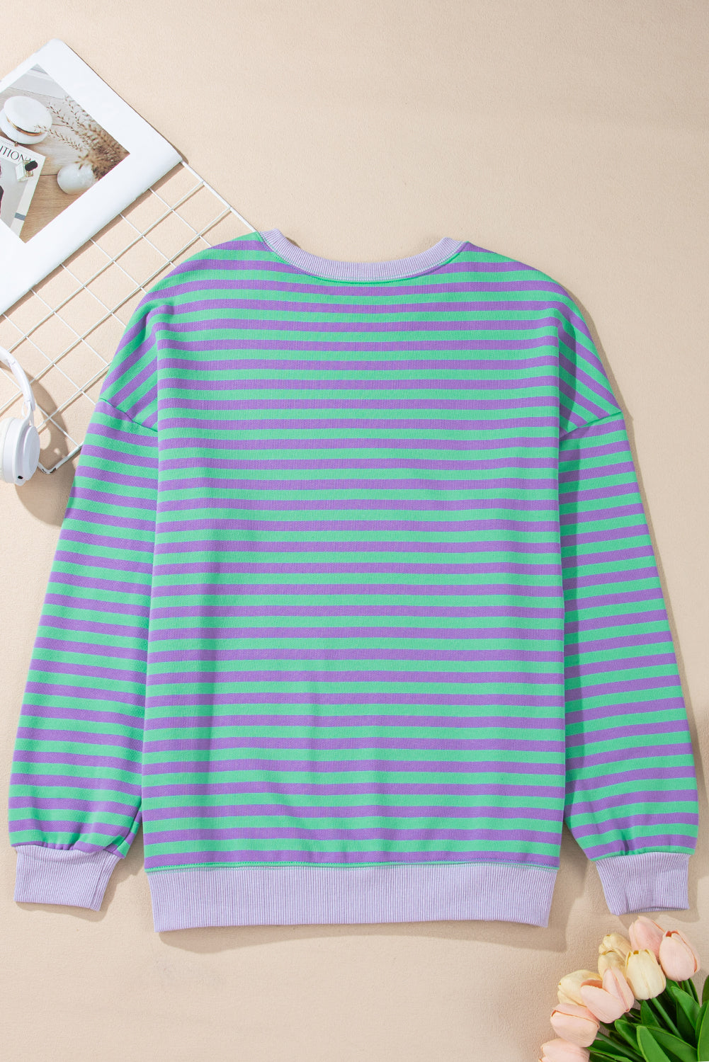 Elliana Stripe Crossed Stitch Drop Shoulder Sweatshirt - Threaded Pear