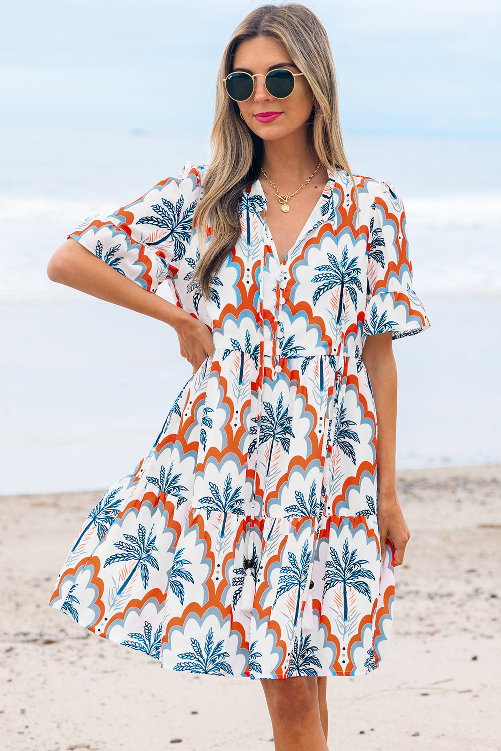 Genesis Palm Tree Printed Short Sleeve Dress - Threaded Pear