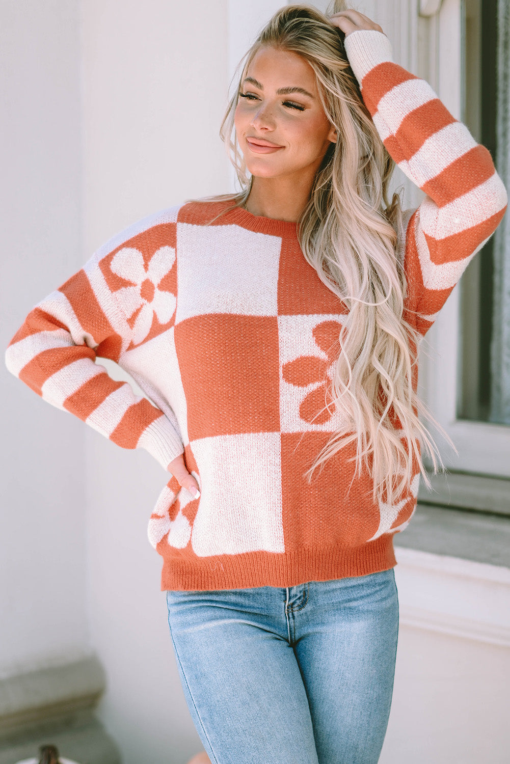 Miller Checkered Floral Striped Sleeve Sweater - Threaded Pear