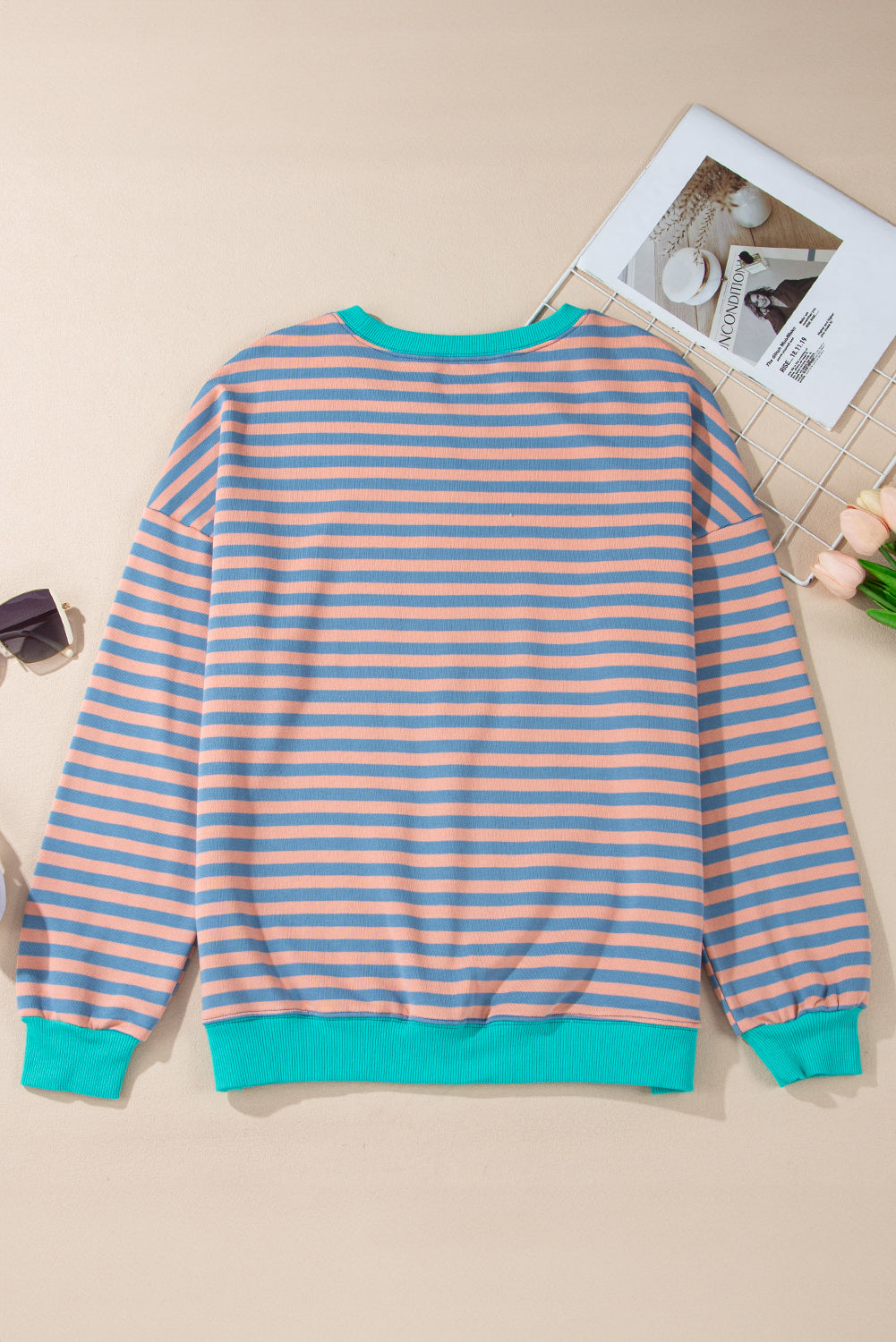 Elliana Stripe Crossed Stitch Drop Shoulder Sweatshirt - Threaded Pear