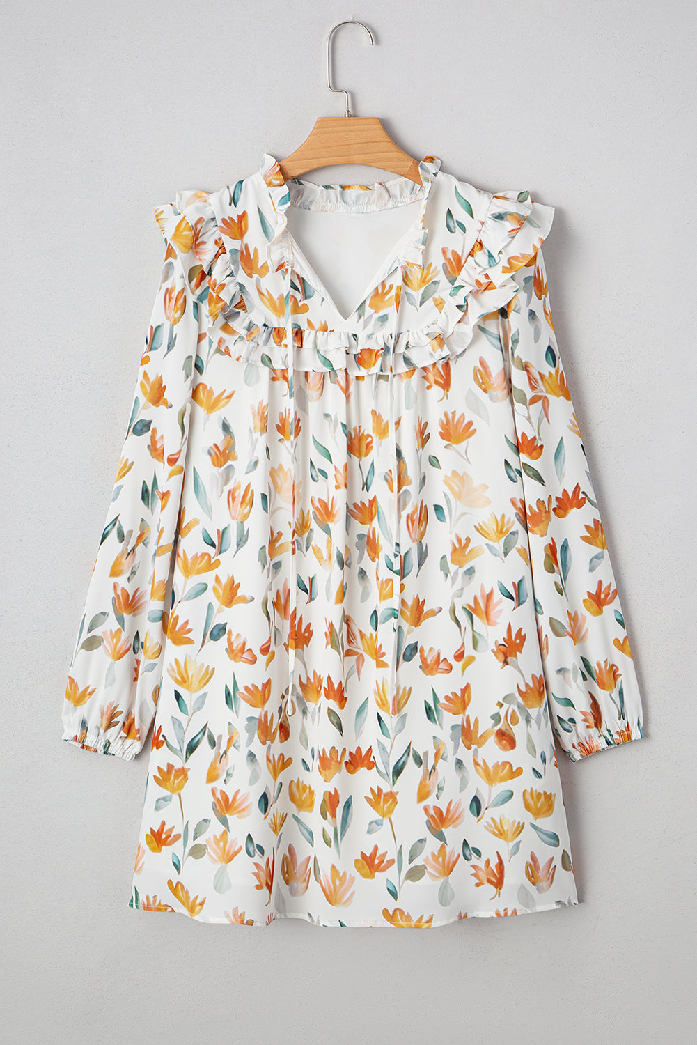 Katherine Floral Tie Neck Frilled Long Sleeve Dress - Threaded Pear