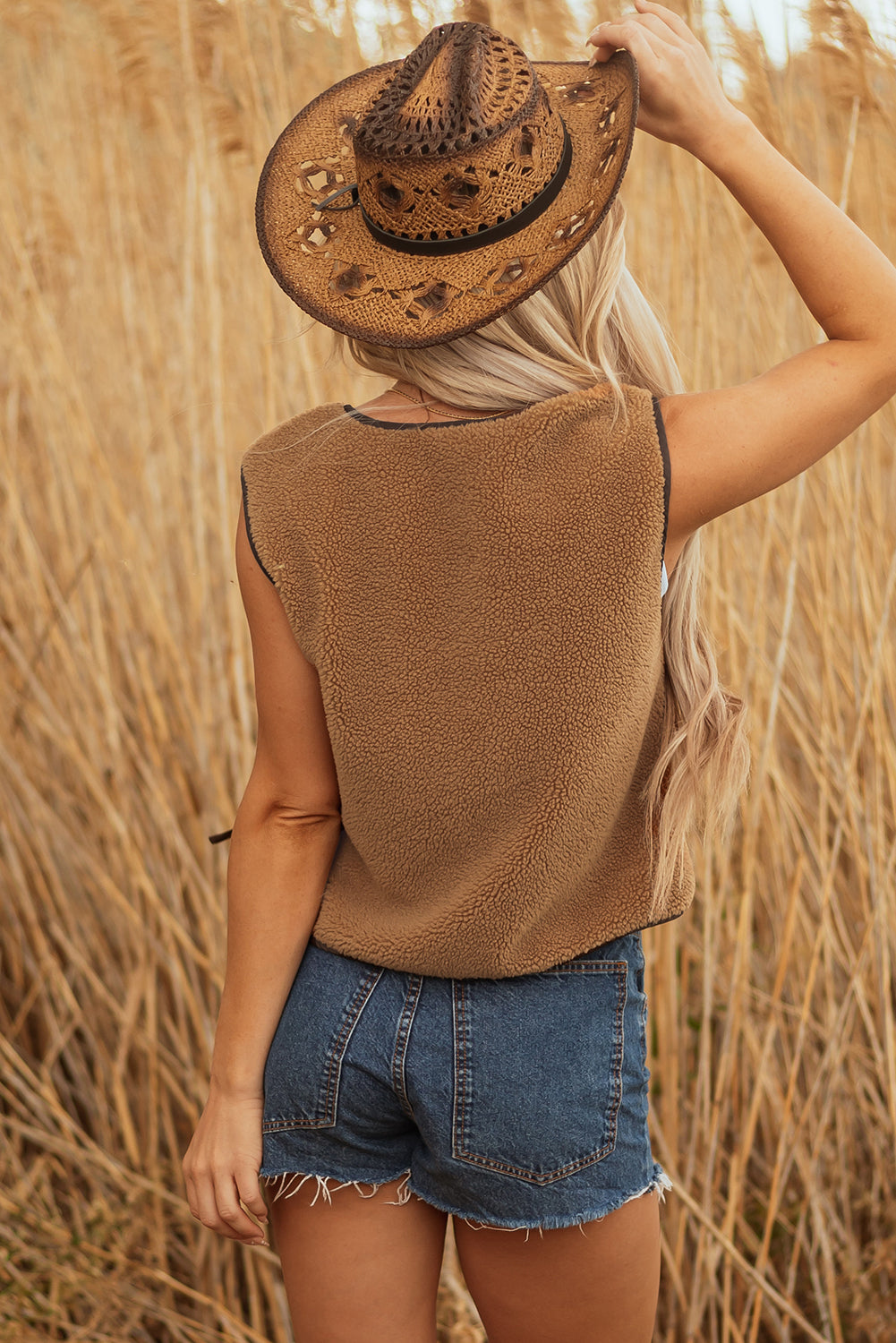 Nicole Contrast Trim Tie Front Sherpa Vest - Threaded Pear