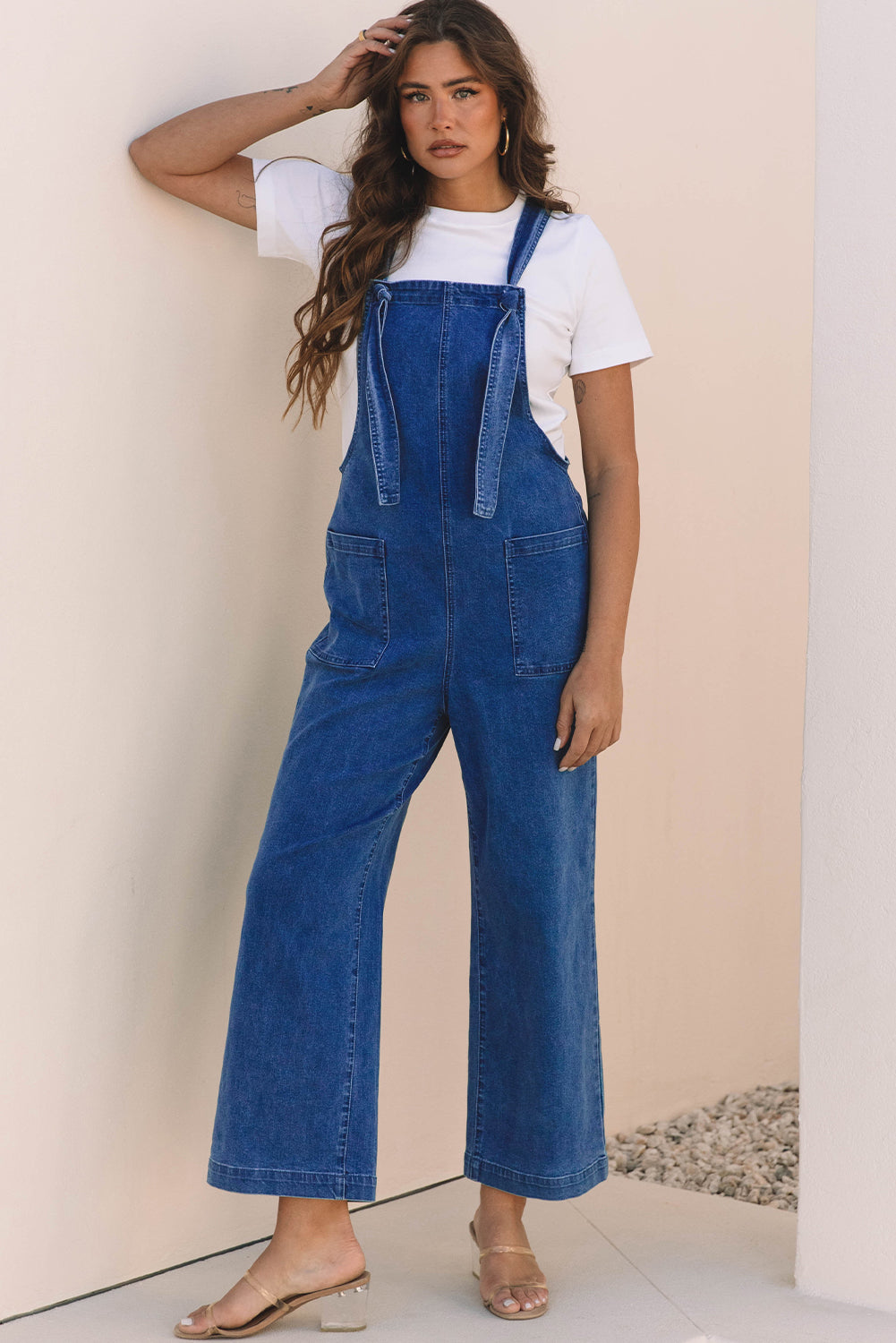 Elodie Knotted Strap Wide Leg Denim Overalls - Threaded Pear