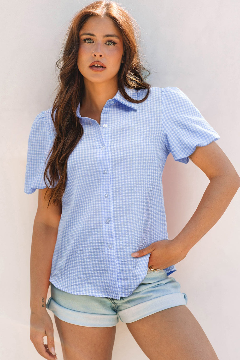 Mandy Gingham Short Puff Sleeve Button Up Top - Threaded Pear