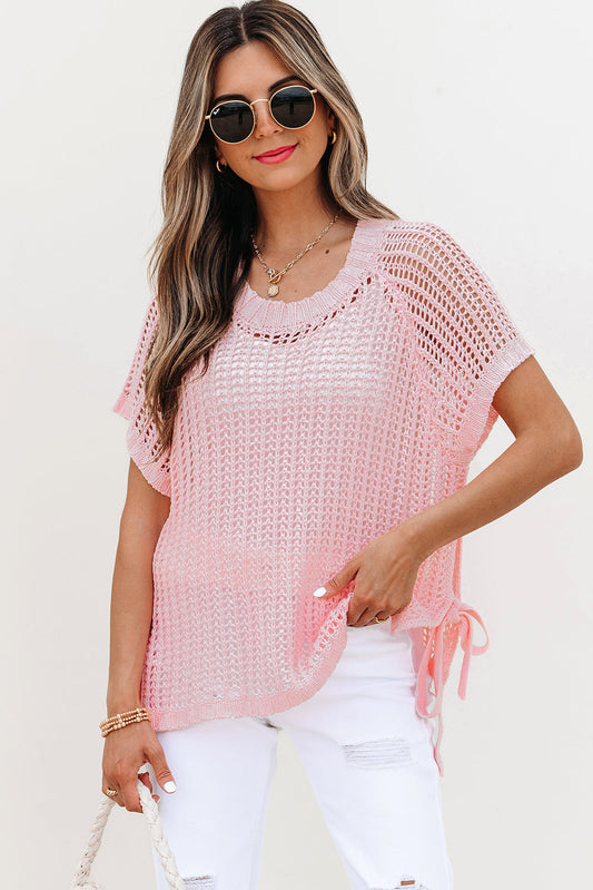 Lettie Hollow-out Crochet Side Tied Short Sleeve Sweater - Threaded Pear