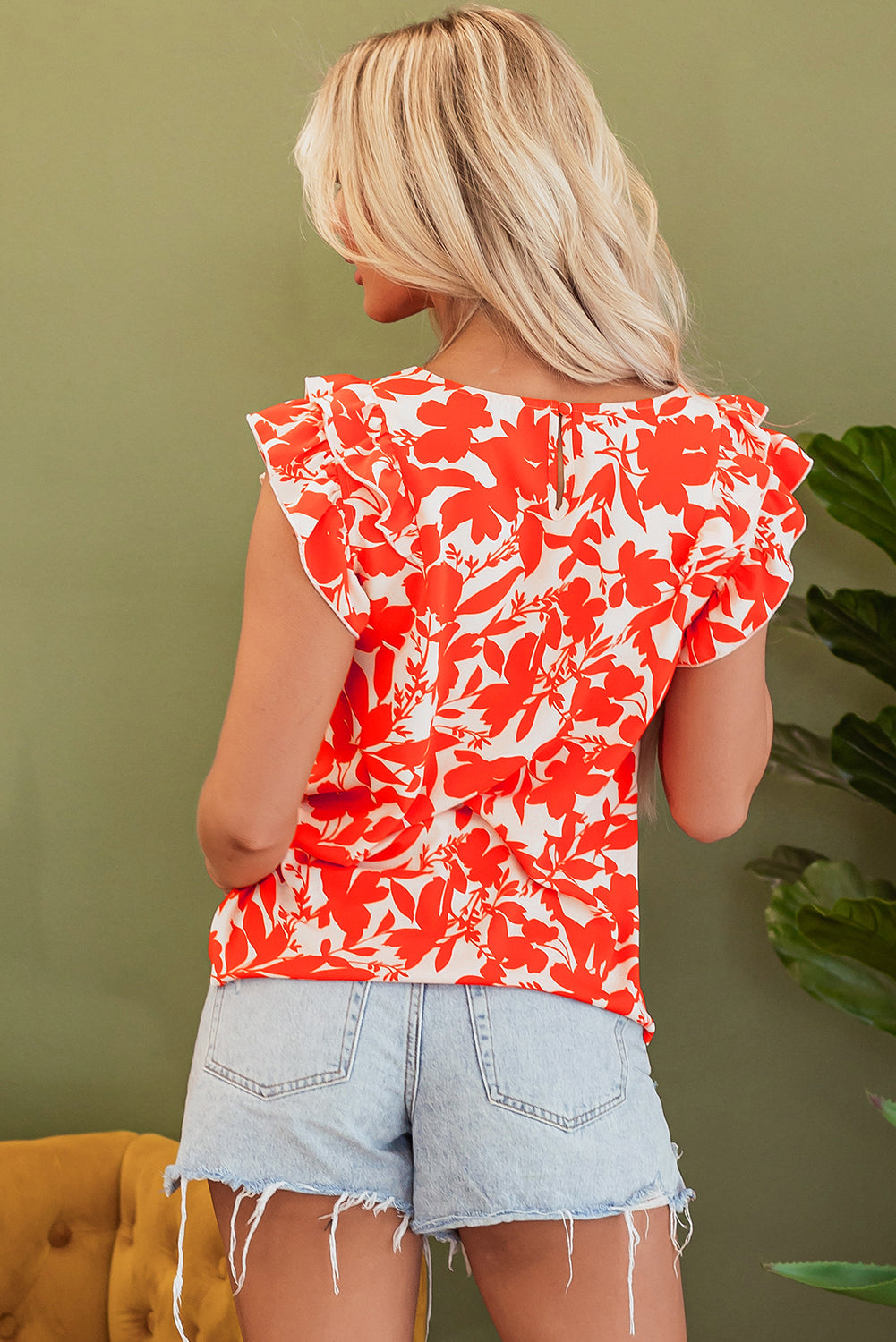 Keilani Floral Ruffle Sleeve Top - Threaded Pear