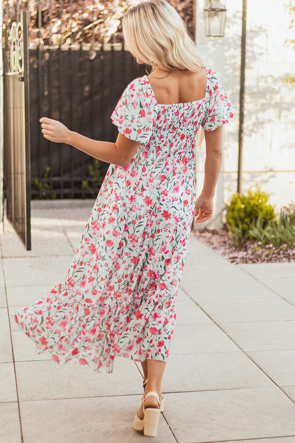 Molly Floral Square Neck Empire Waist Tiered Maxi Dress - Threaded Pear