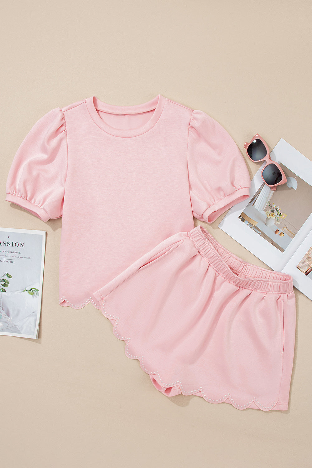 Nova Puff Sleeve Pearl Embellished Scallop Set - Threaded Pear