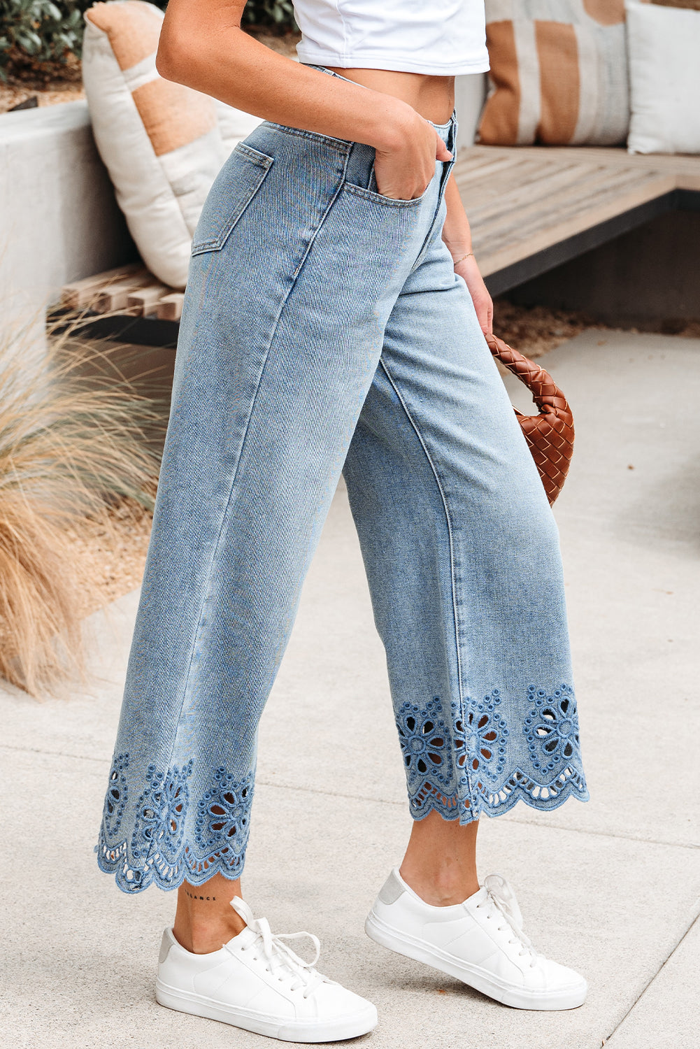 Juliette Embroidered Cropped Wide Leg High Waist Jeans - Threaded Pear