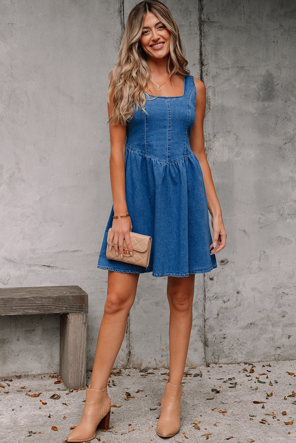Emily Square Neck Bowknot A-line Denim Dress - Threaded Pear