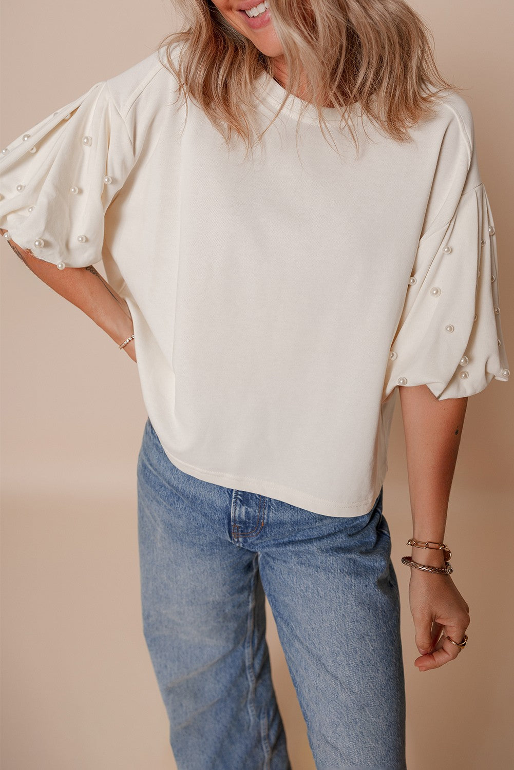 Sylvia Pearled Puff Sleeve Loose Top - Threaded Pear