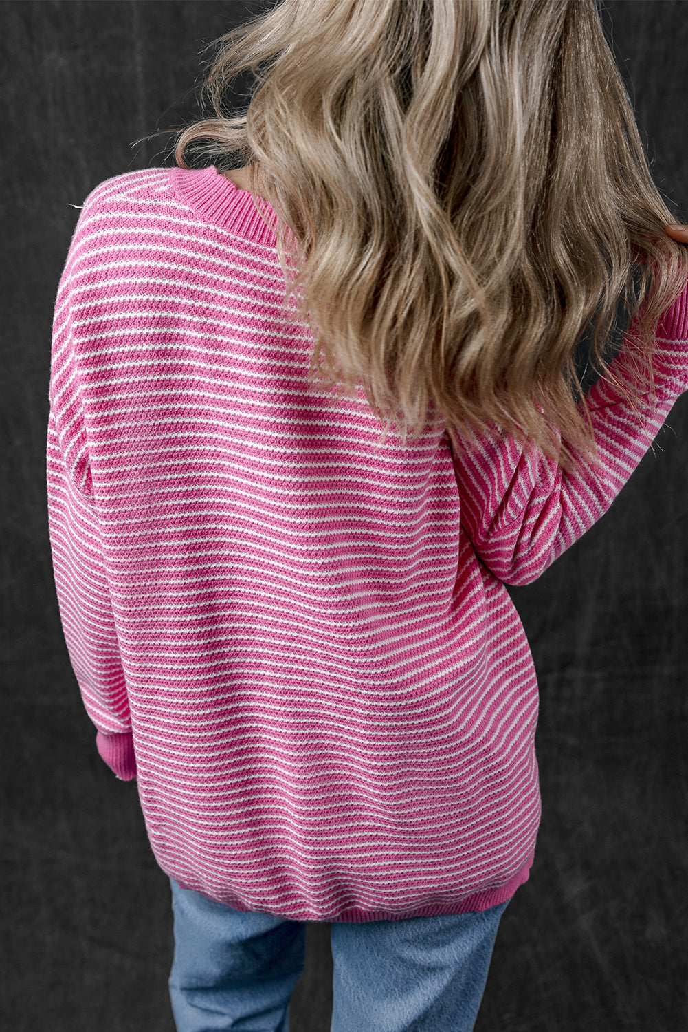 Alana Striped Scallop V Neck Loose Sweater - Threaded Pear