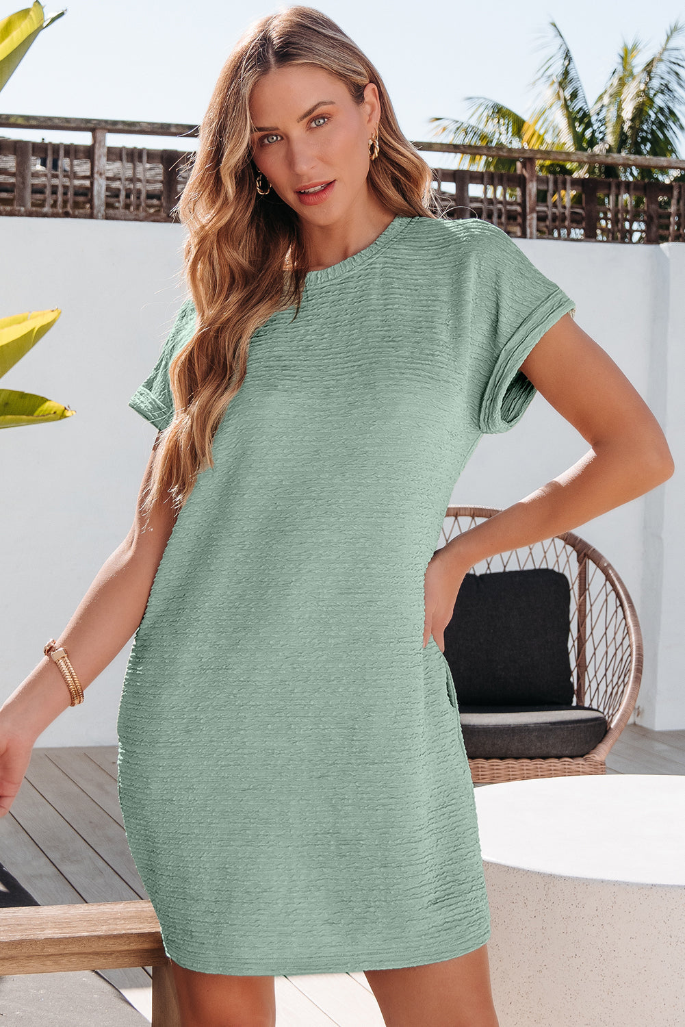 Jolie Textured Crinkle Short Sleeve T-Shirt Dress - Threaded Pear