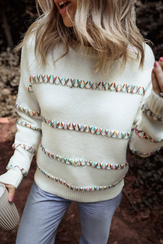 Braelyn Colorful Crossed Stitch Sweater - Threaded Pear