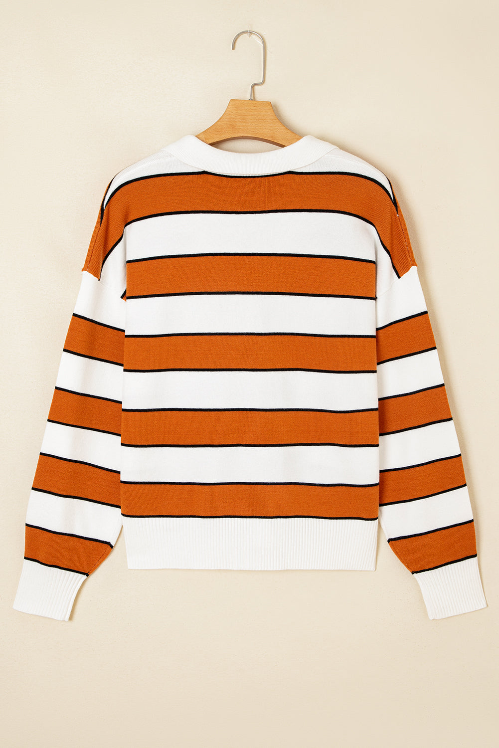 Valeria Stripe Ribbed Polo Collar Drop Shoulder Sweater - Threaded Pear