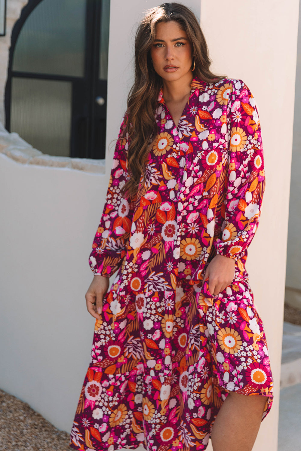 Alina Collared Tiered Long Dress - Threaded Pear