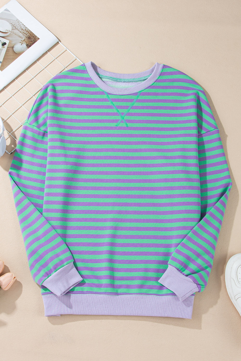 Elliana Stripe Crossed Stitch Drop Shoulder Sweatshirt - Threaded Pear