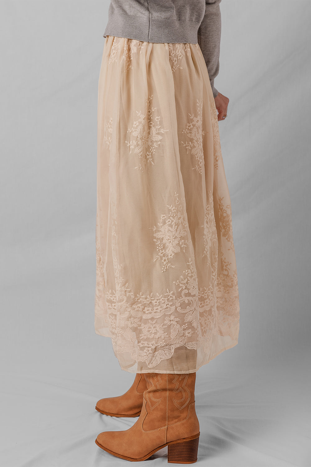 Vivienne Embroidered Mesh Overlay Long Skirt - Threaded Pear