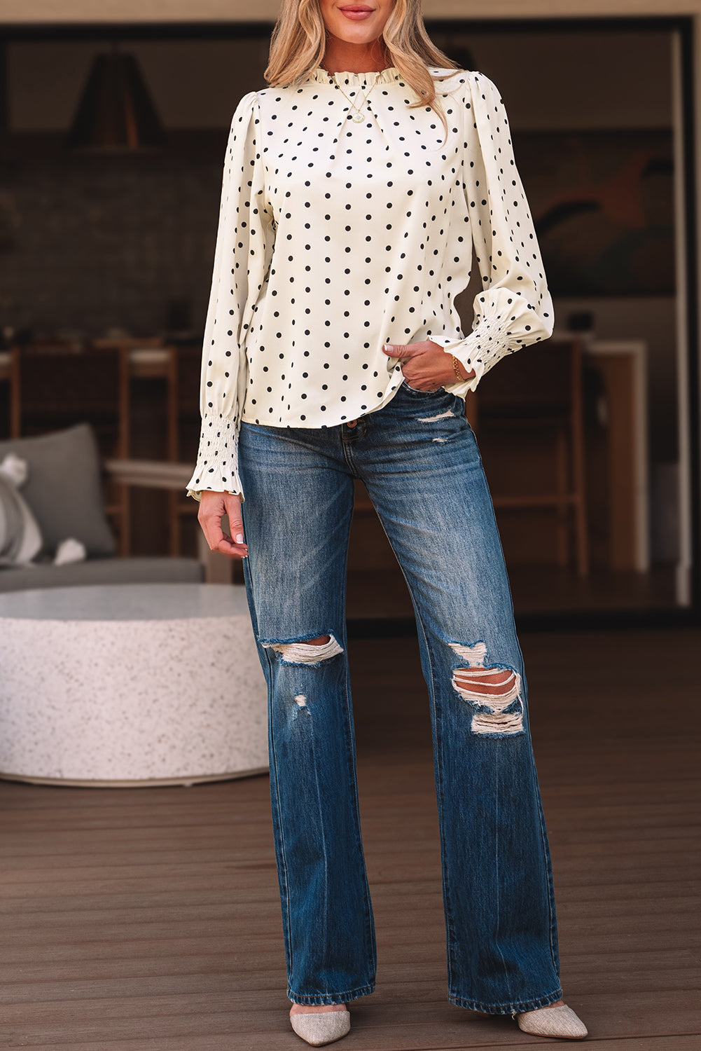 Catalina Polka Dot Lantern Sleeve Blouse - Threaded Pear