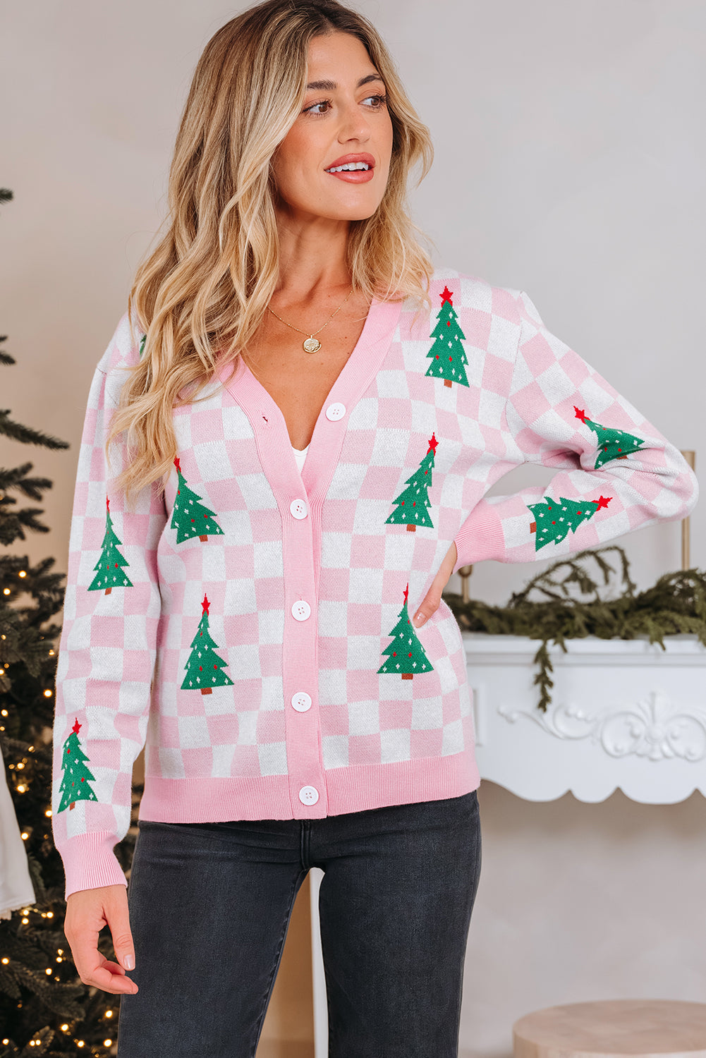 Ella Tree Pattern Cardigan Sweater - Threaded Pear
