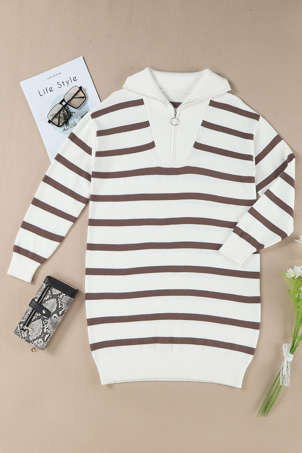 Iris Striped Zip Collared Loose Sweater Mini Dress - Threaded Pear