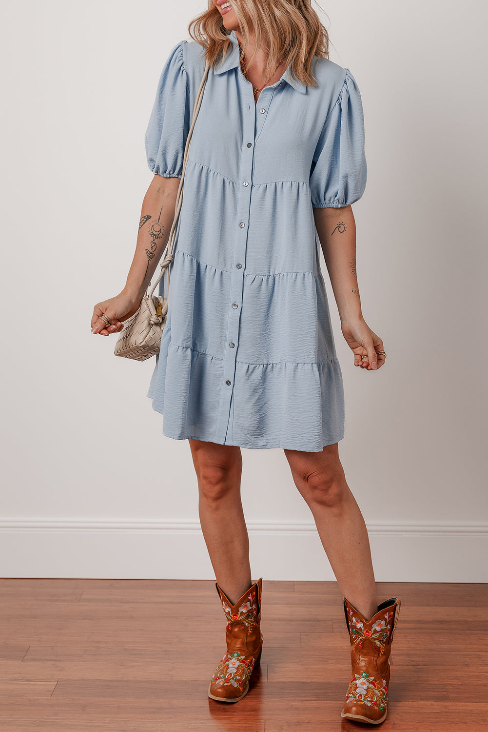 Arya Shirt Collar Button Up Puff Sleeve Tiered Dress - Threaded Pear