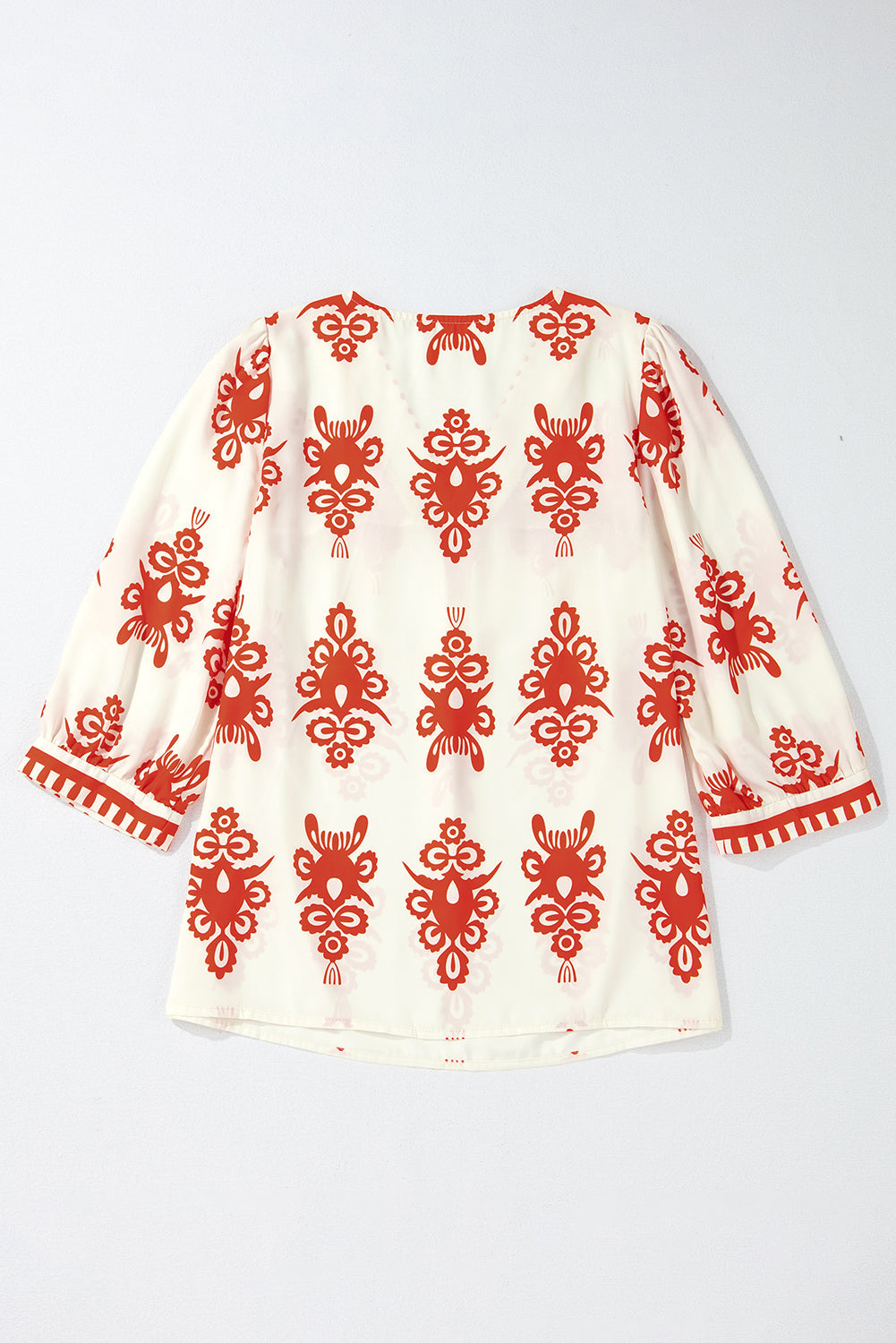 Vintage Geometric Printed V Neck Blouse - Threaded Pear