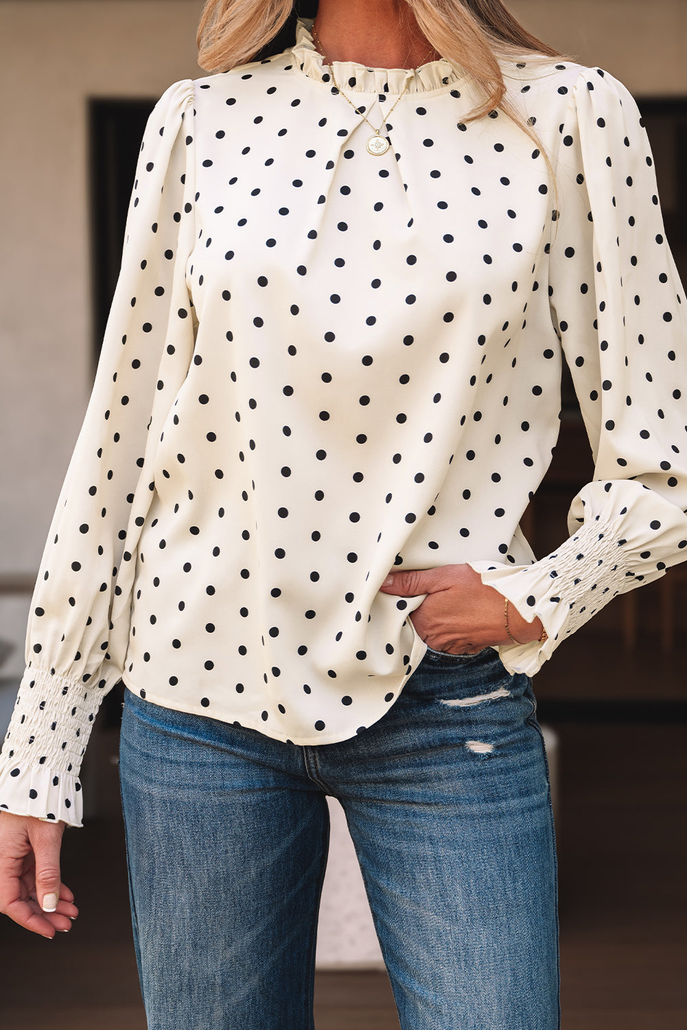 Catalina Polka Dot Lantern Sleeve Blouse - Threaded Pear