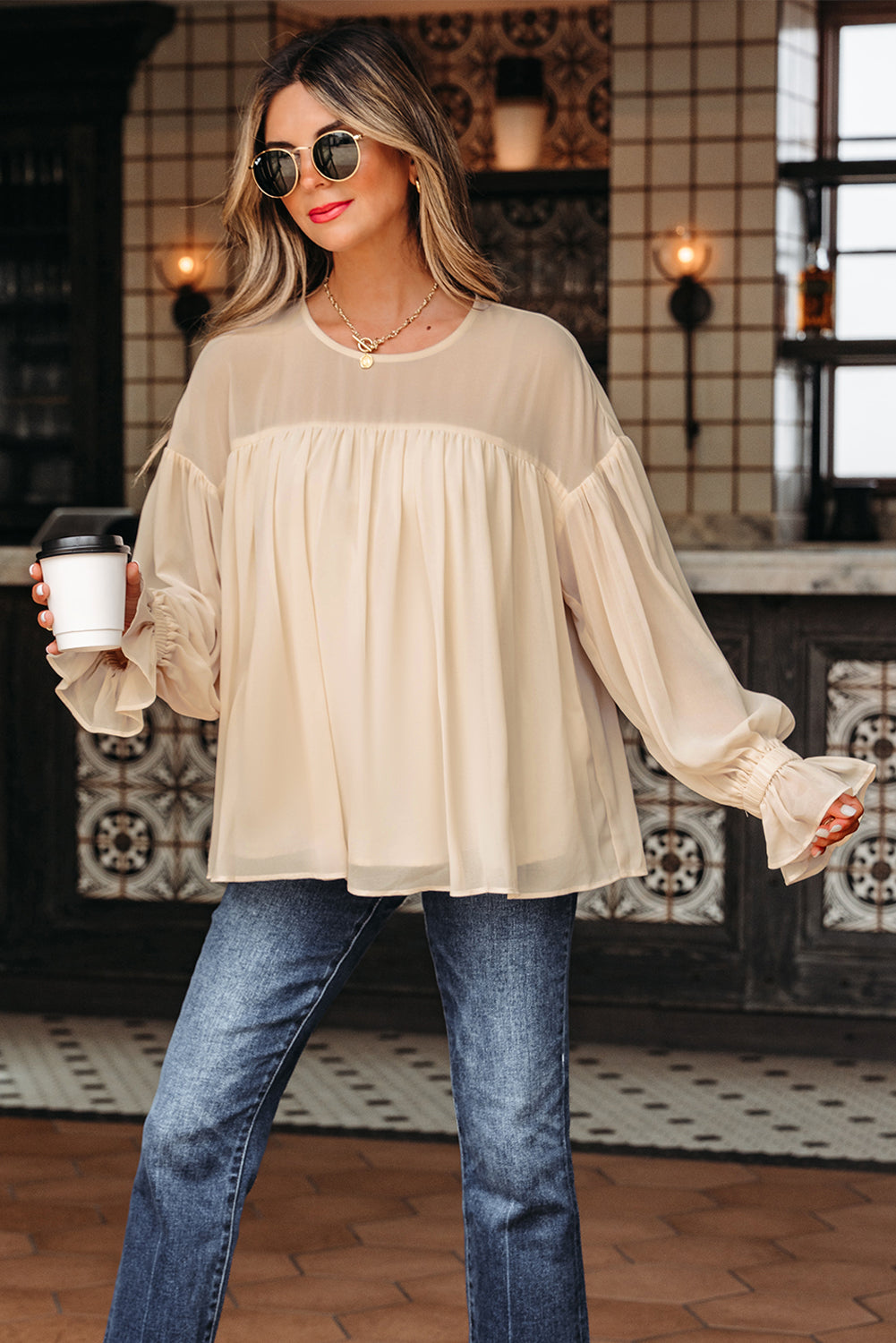 Mayaevi Sleeve Chiffon Blouse Long Sleeve Top
