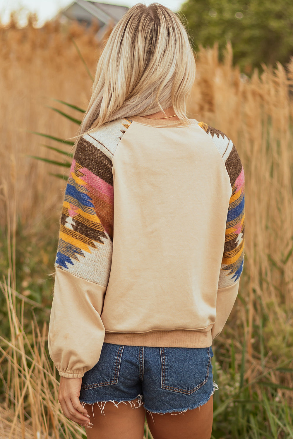 Logan Aztec Patchwork Raglan Pullover Sweatshirt - Threaded Pear