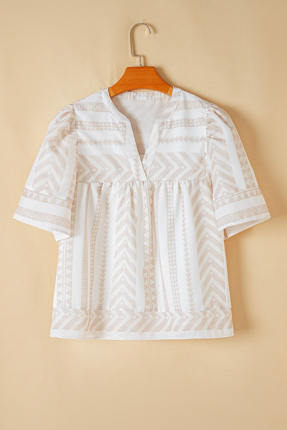 Analia Jacquard Split V Neck Short Sleeve Blouse - Threaded Pear