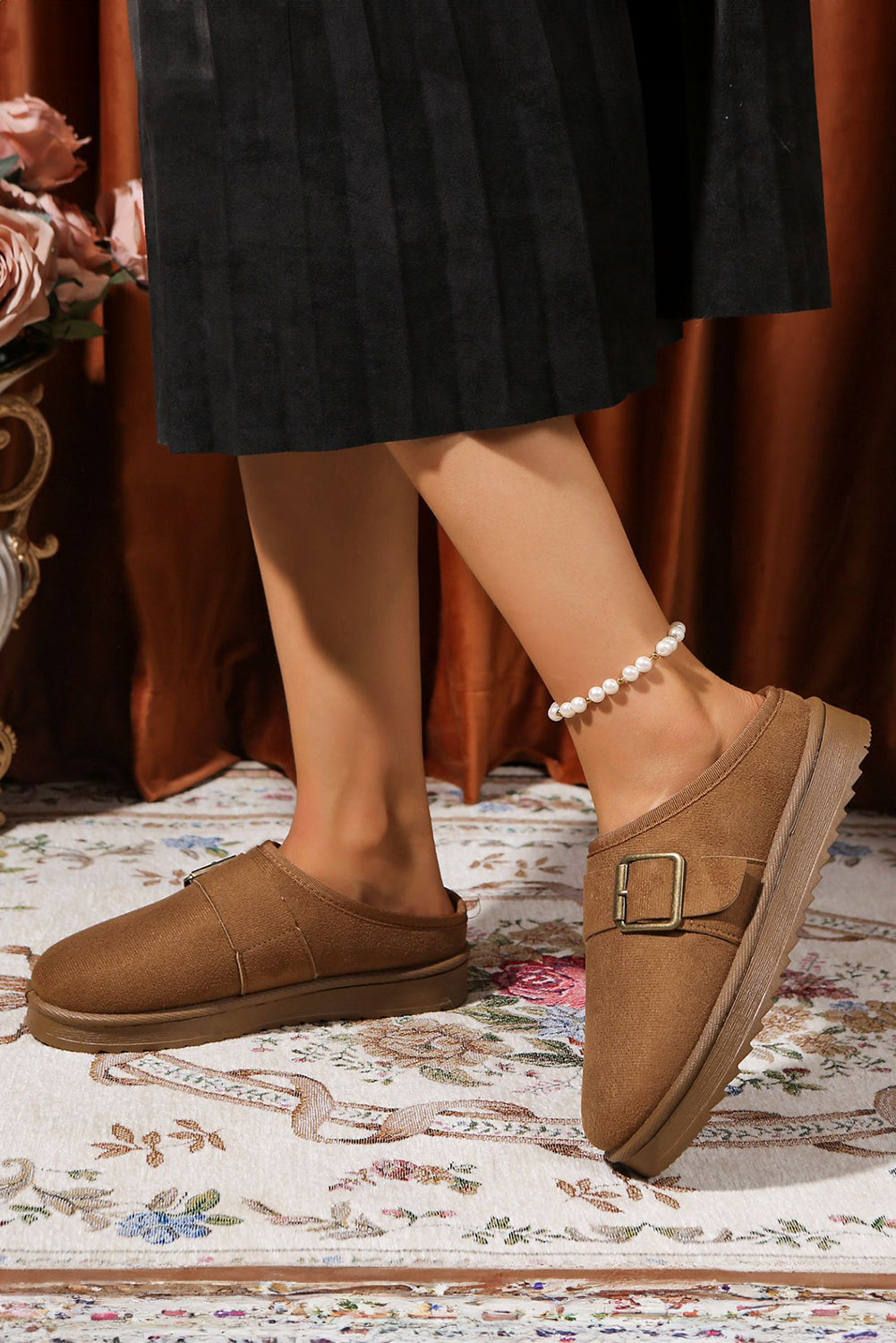 Jasmine Faux Suede Buckle Strap Detail Winter Slippers - Threaded Pear