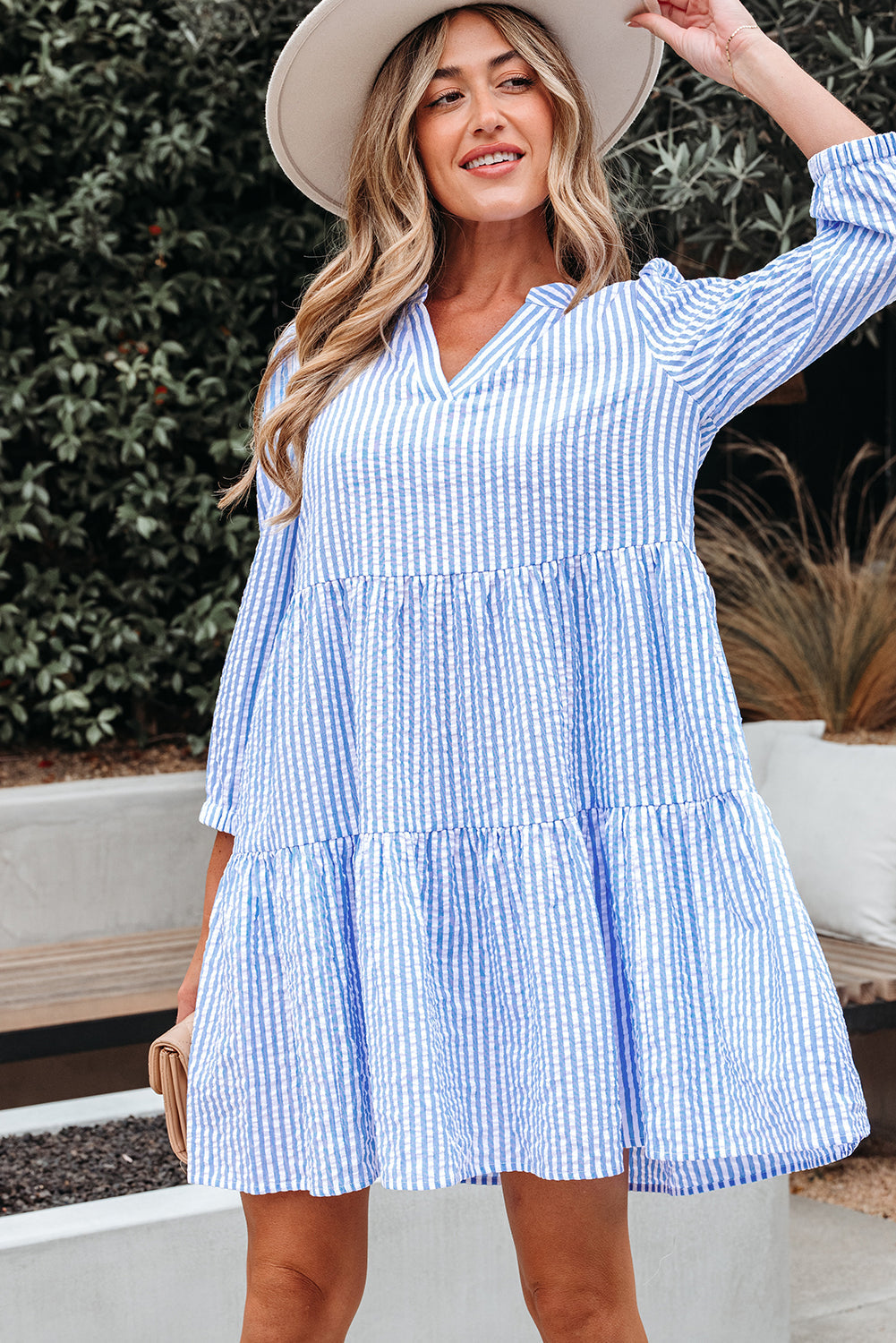 Kaia Stripe Bracelet Sleeve Tiered Dress with Pockets - Threaded Pear
